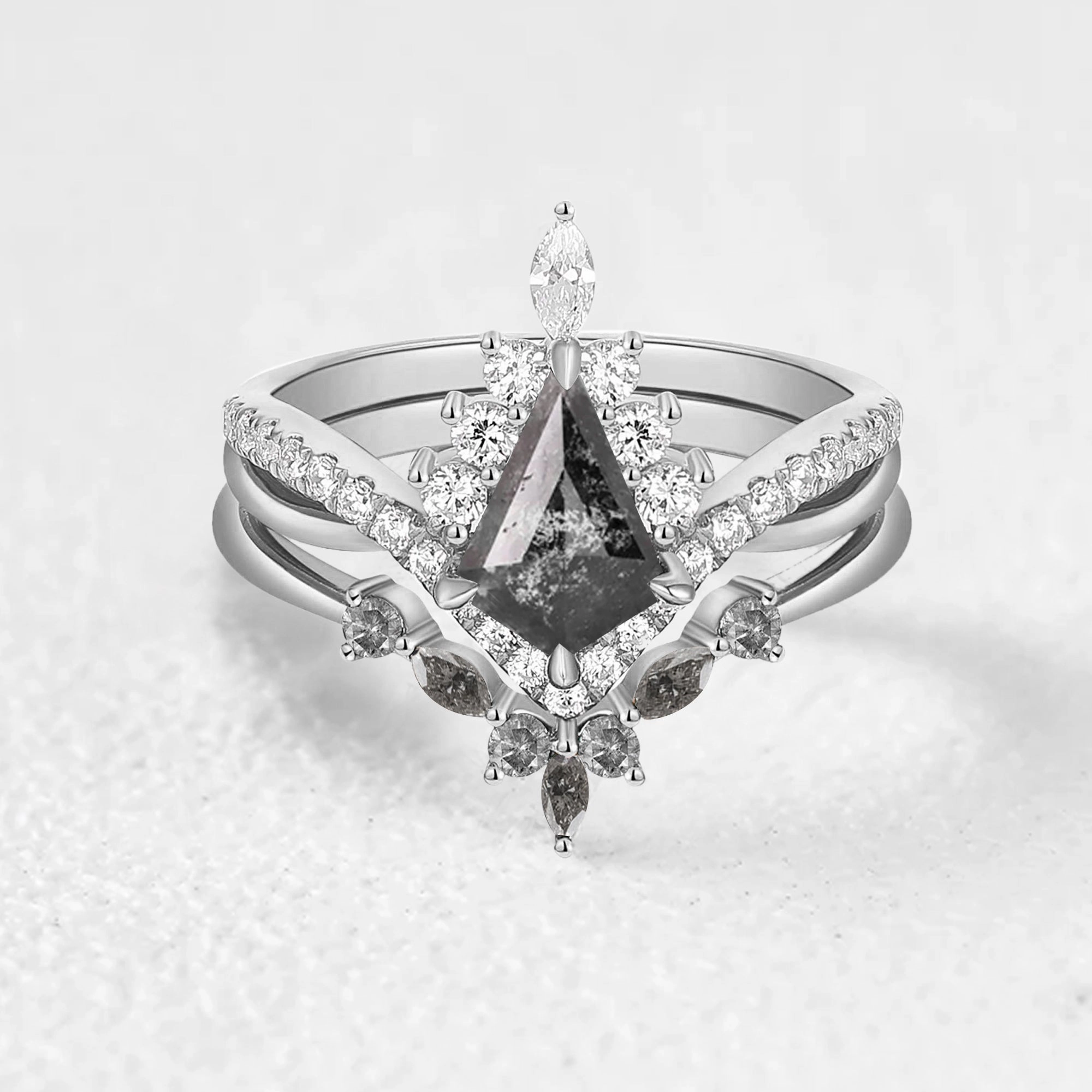 Gift Season Cool Layer Infinity Kite Salt and Pepper Diamonds Halo Engagement Ring Set 2pcs