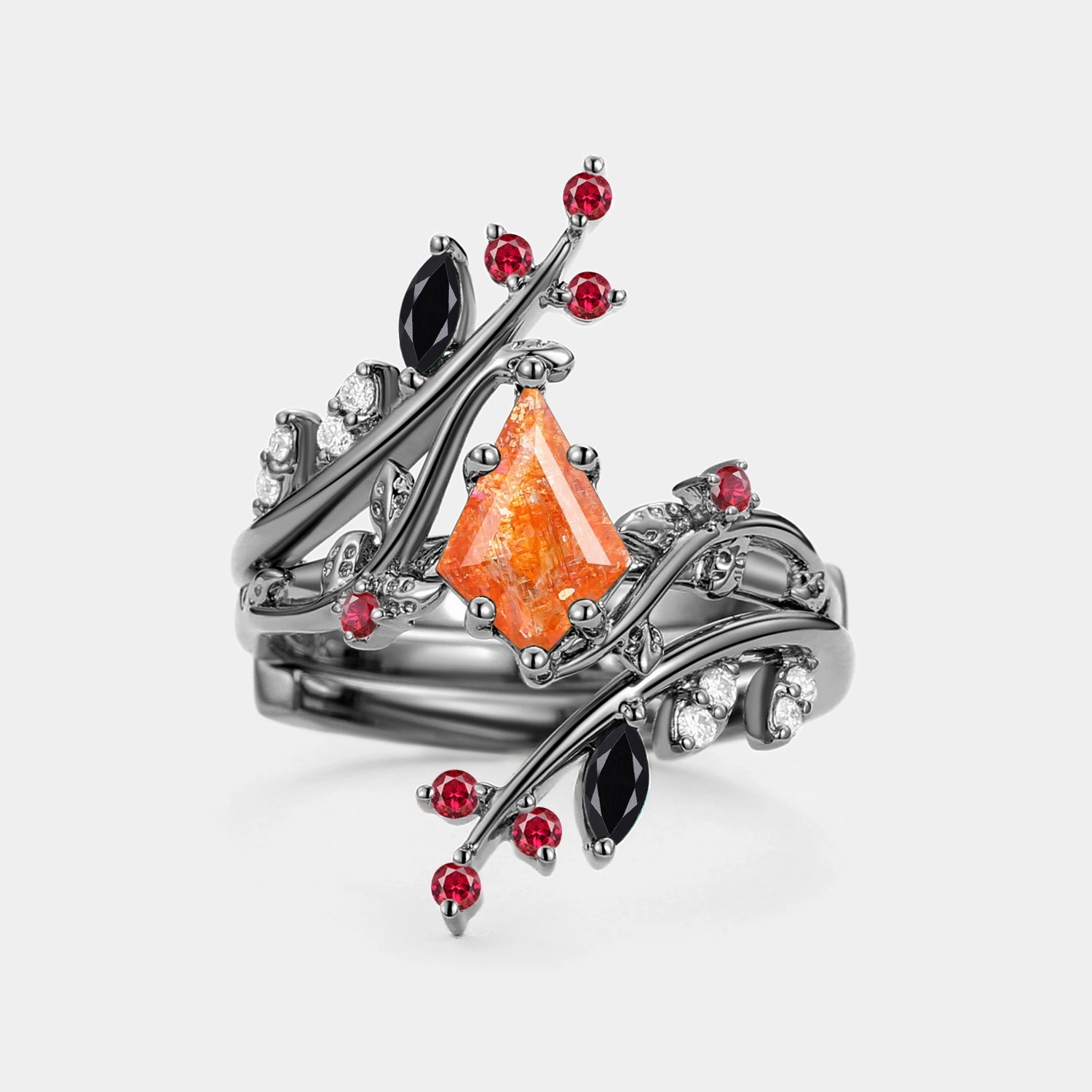 Quick Spark Kite Cut Sunstone Cage Leafy Engagement Ring Sets 2pcs - Knight
