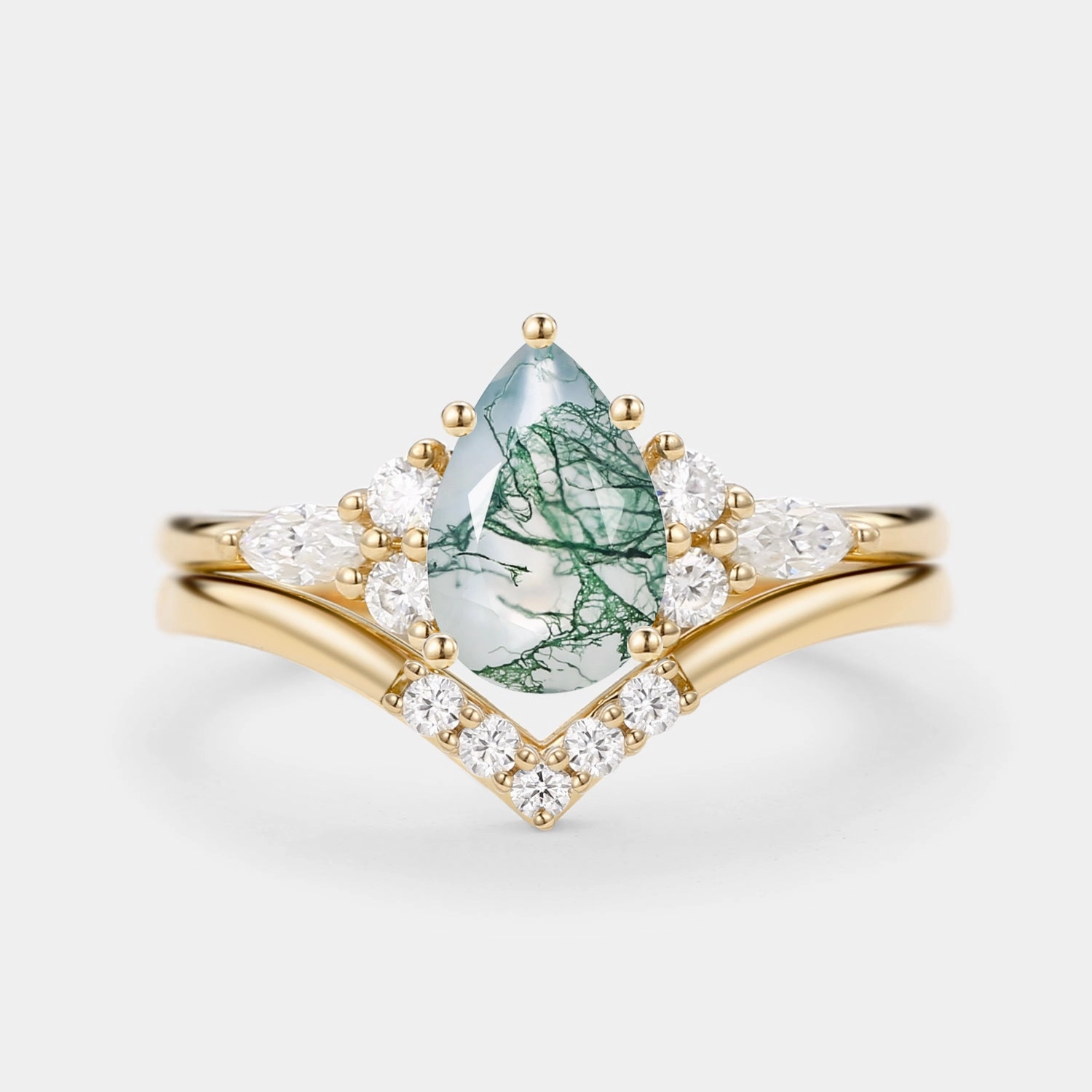 Feminine Finish Glamorous Mood Pear Cut Moss Agate Cluster Ring Set 2pcs - Sienna