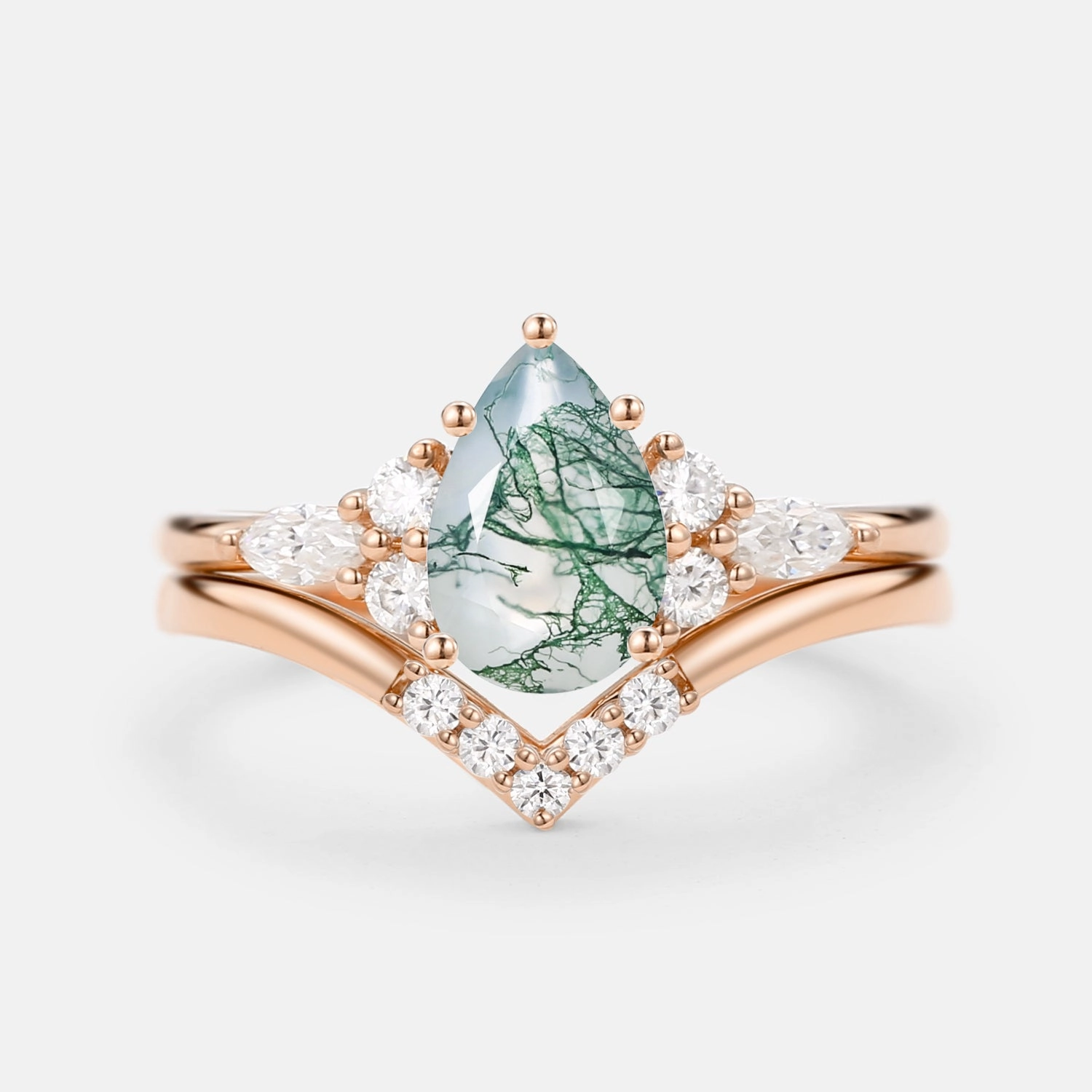 Gloss Layer Pear Cut Moss Agate Cluster Ring Set 2pcs - Sienna