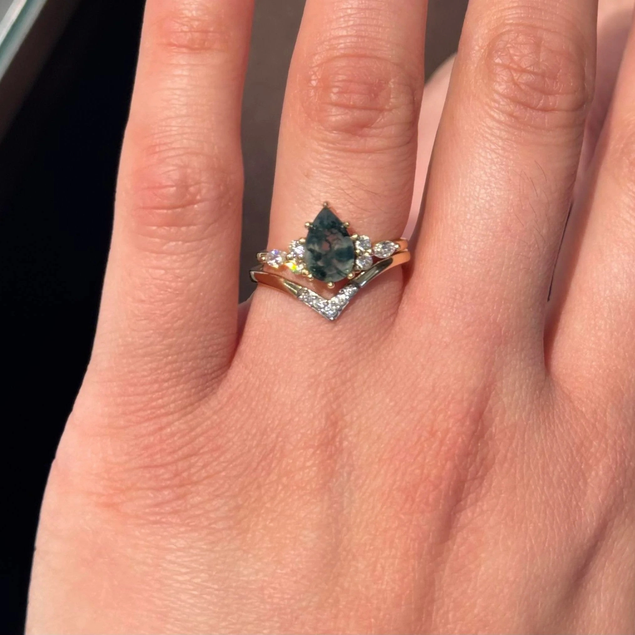 Pear Cut Moss Agate Cluster Ring Set 2pcs - Sienna Warm Light Vibrant Touch