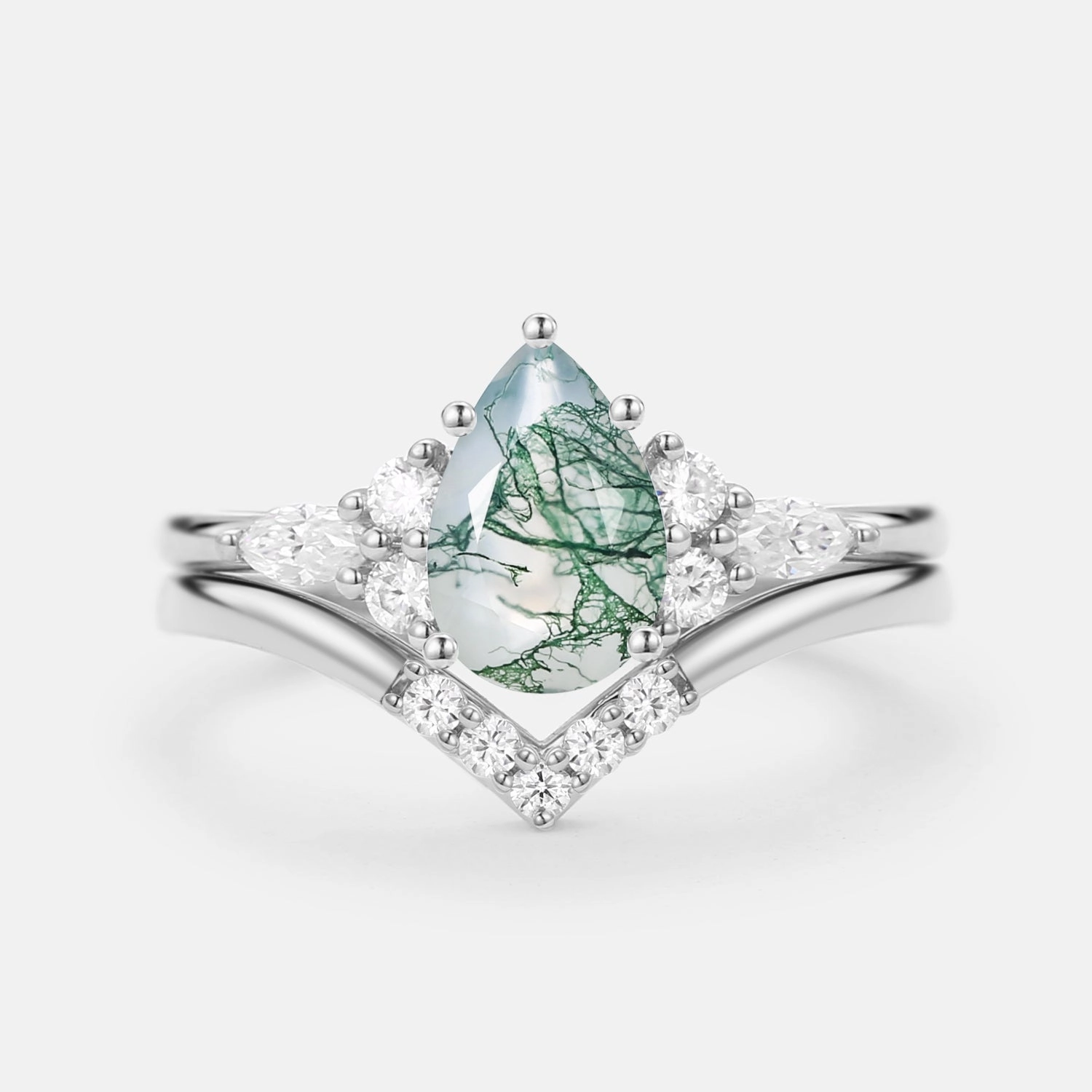Pear Cut Moss Agate Cluster Ring Set 2pcs - Sienna Bold Appeal