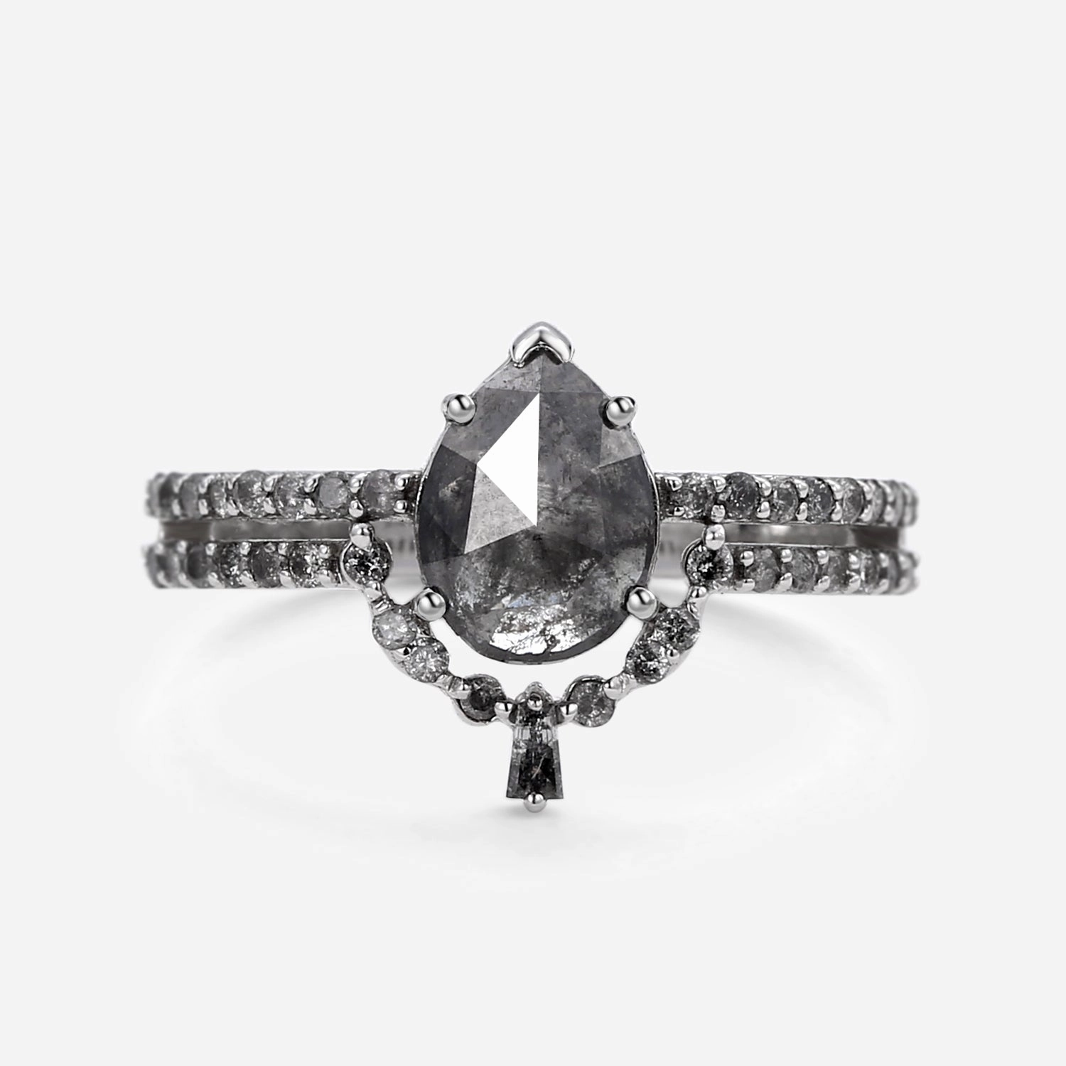 Pear Cut Salt and Pepper Diamonds Unique Ring Sets 2pcs Sculpted Finish Glowing Feature