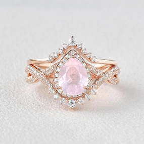 Pear Rose Quartz Halo Infinity Ring Set 2pcs - Valentina Essential Pair Charming Jewelry Design