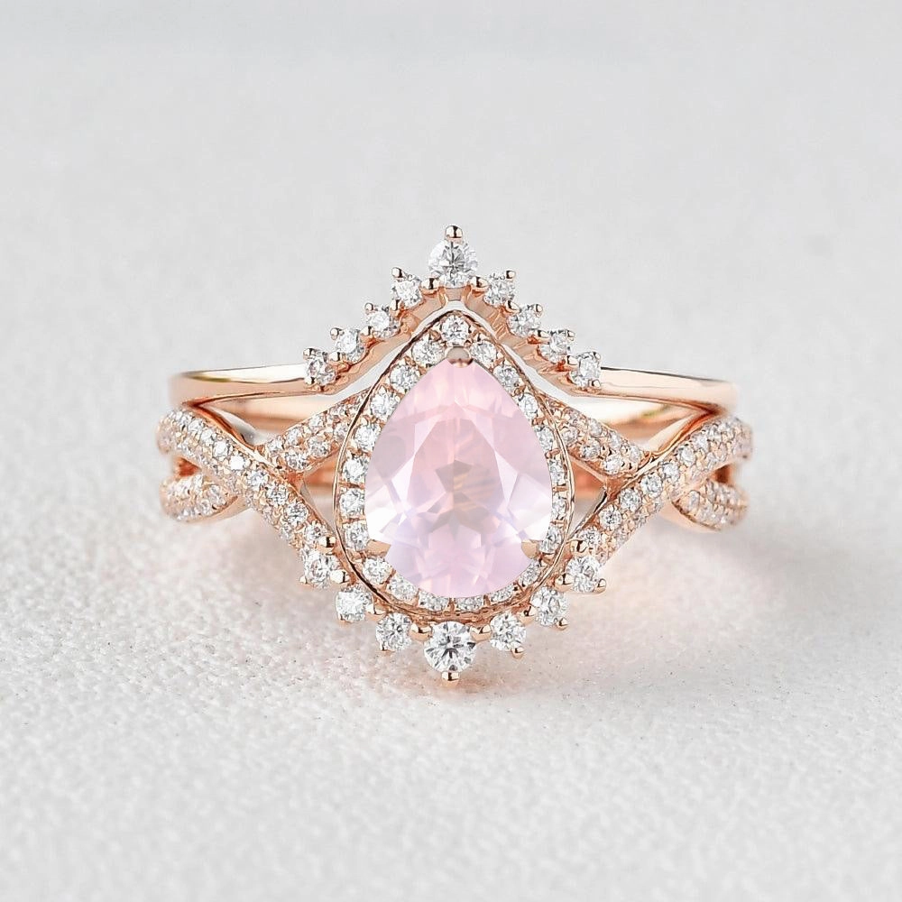 Precious Appeal Flawless Glow Pear Rose Quartz Halo Infinity Ring Set 2pcs - Valentina