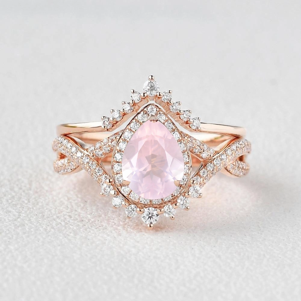Pear Rose Quartz Halo Infinity Ring Set 2pcs - Valentina Essential Pair Charming Jewelry Design