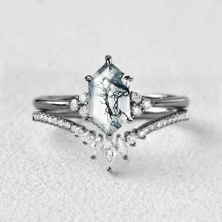 Sparkling Style Long Hexagon Moss Agate Bridal Ring Set 2pcs - Lydia