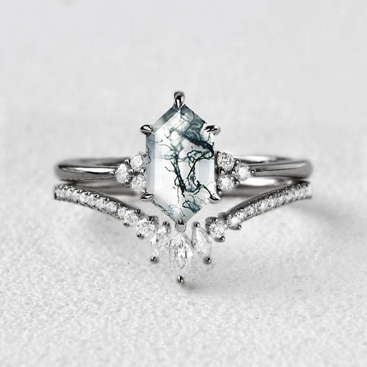 Casual Vibe Long Hexagon Moss Agate Bridal Ring Set 2pcs - Lydia