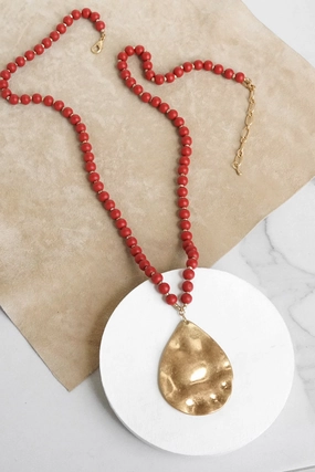 Long Wooden Bead Necklace with gold teardrop - red luxury item Durable Style