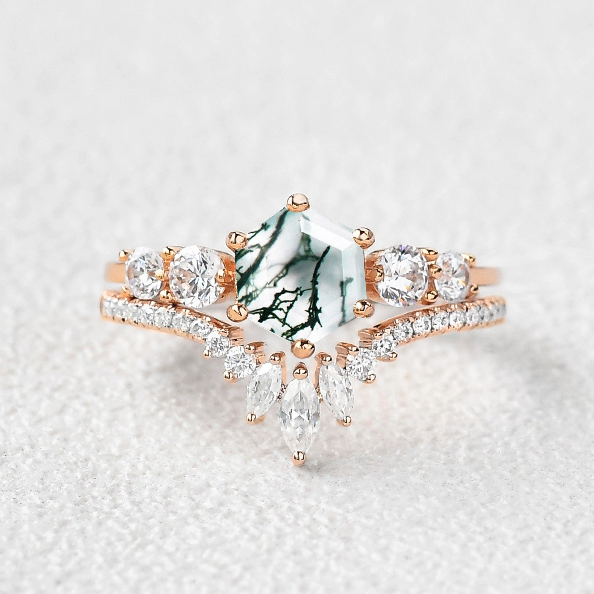 Glam Vibes Round Staccato Hexagon Moss Agate Engagement Ring Set 2pcs
