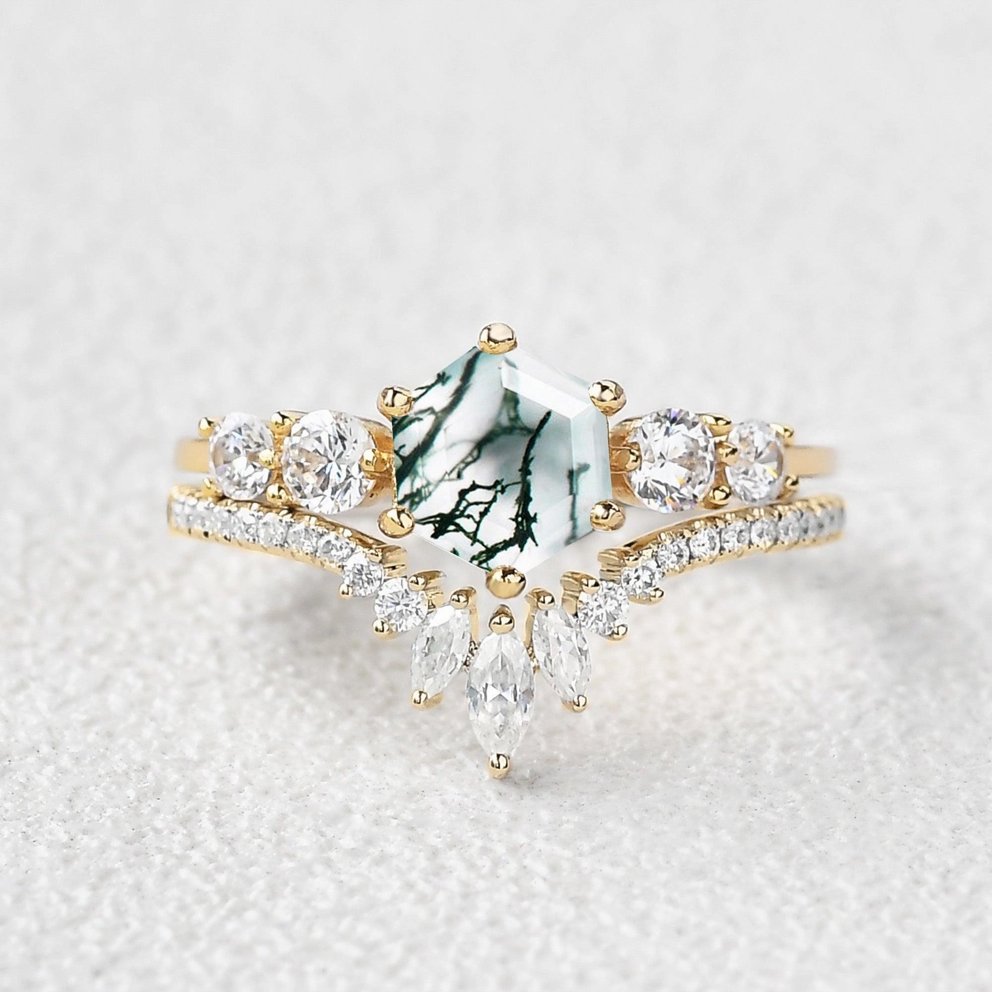 Luxury Shine Round Staccato Hexagon Moss Agate Engagement Ring Set 2pcs