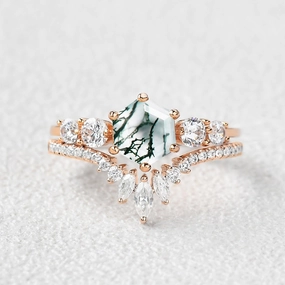 Charming Look Round Staccato Hexagon Moss Agate Engagement Ring Set 2pcs