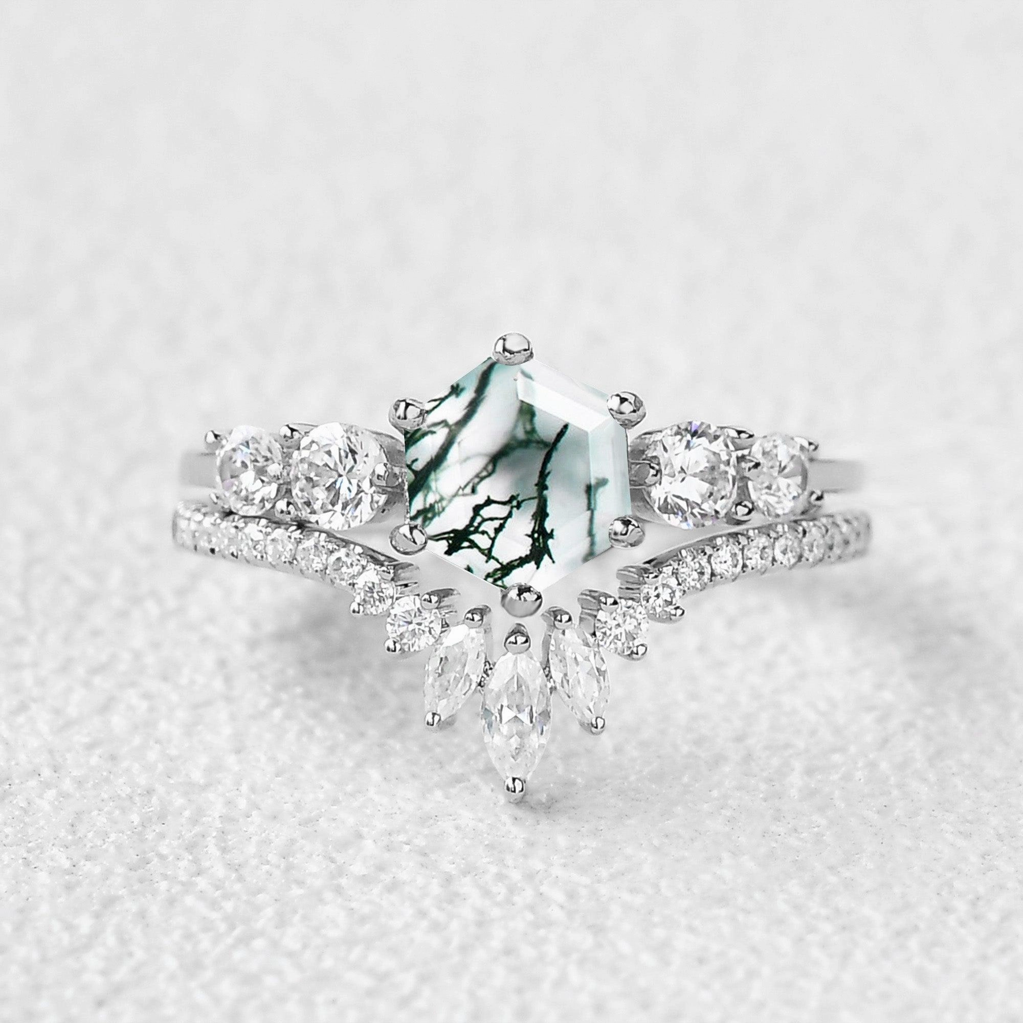 Round Staccato Hexagon Moss Agate Engagement Ring Set 2pcs Romantic Finish