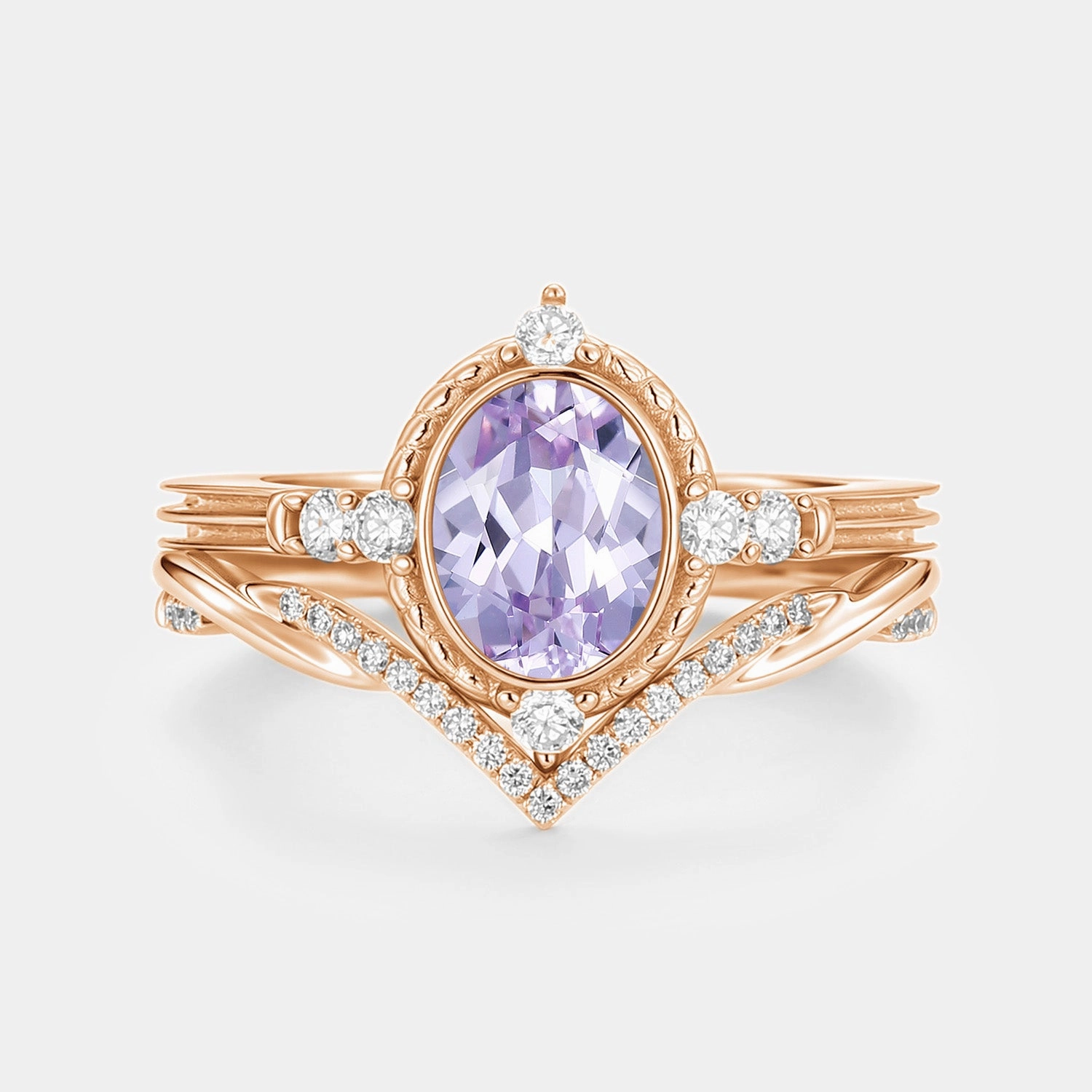 Oval Vintage Lab Lavender Sapphire Engagement Ring Sets 2pcs - Lilac Wedding Ready