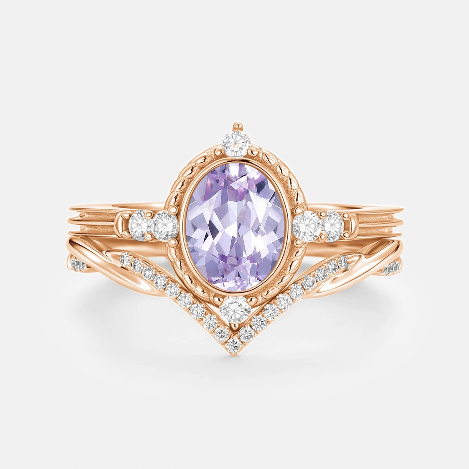 Natural Sparkle Oval Vintage Lab Lavender Sapphire Engagement Ring Sets 2pcs - Lilac