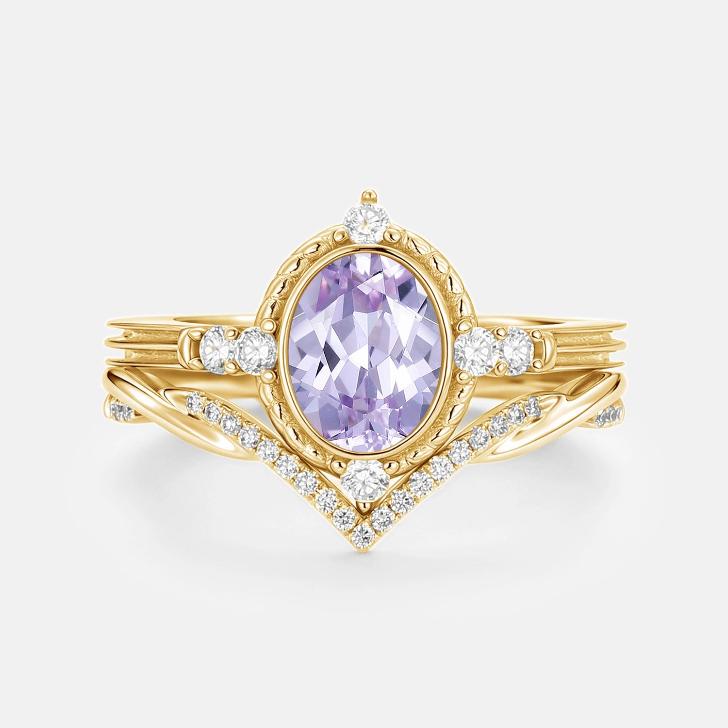 Subtle Charm Stylish Moment Oval Vintage Lab Lavender Sapphire Engagement Ring Sets 2pcs - Lilac