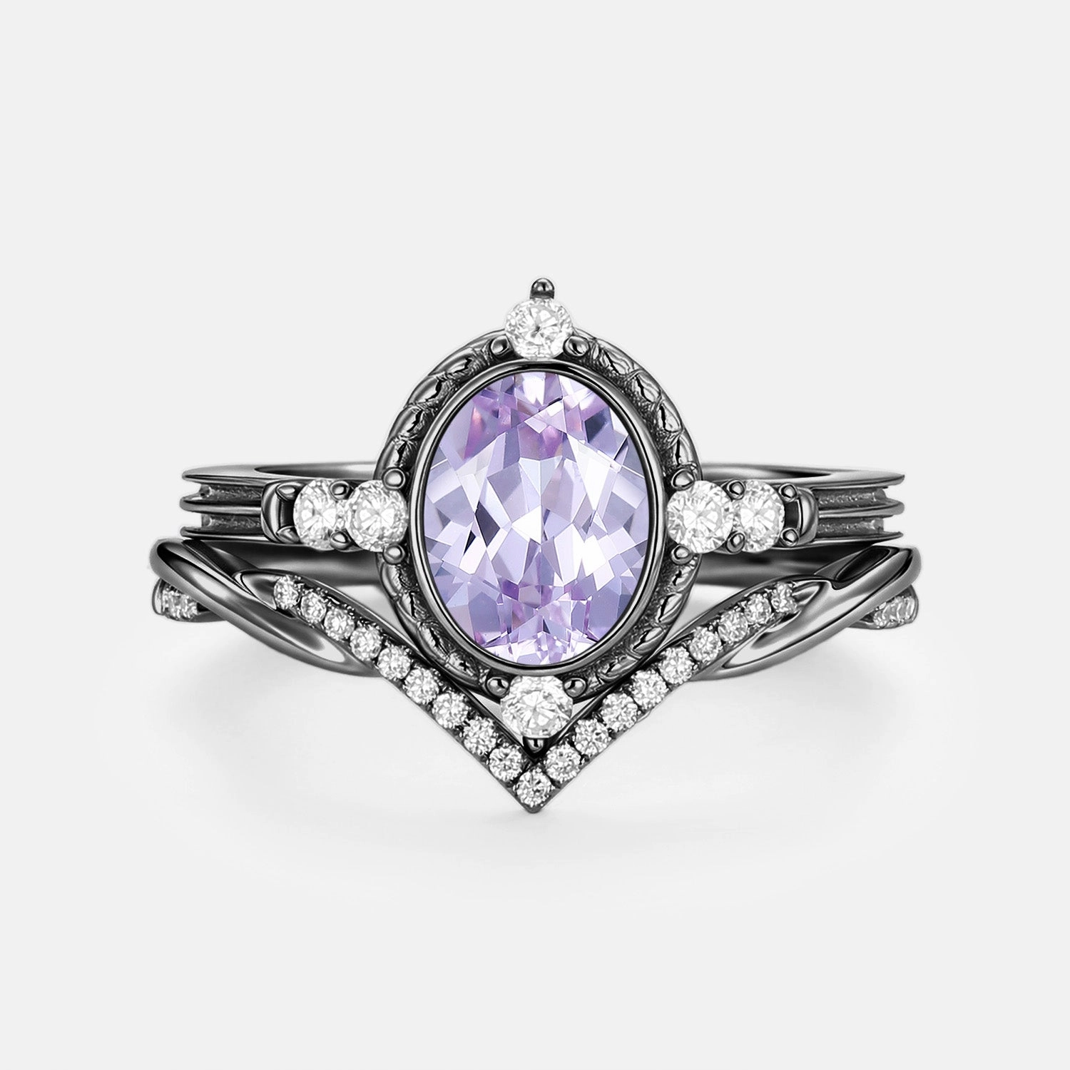 Elite Detail Everyday Accent Oval Vintage Lab Lavender Sapphire Engagement Ring Sets 2pcs - Lilac