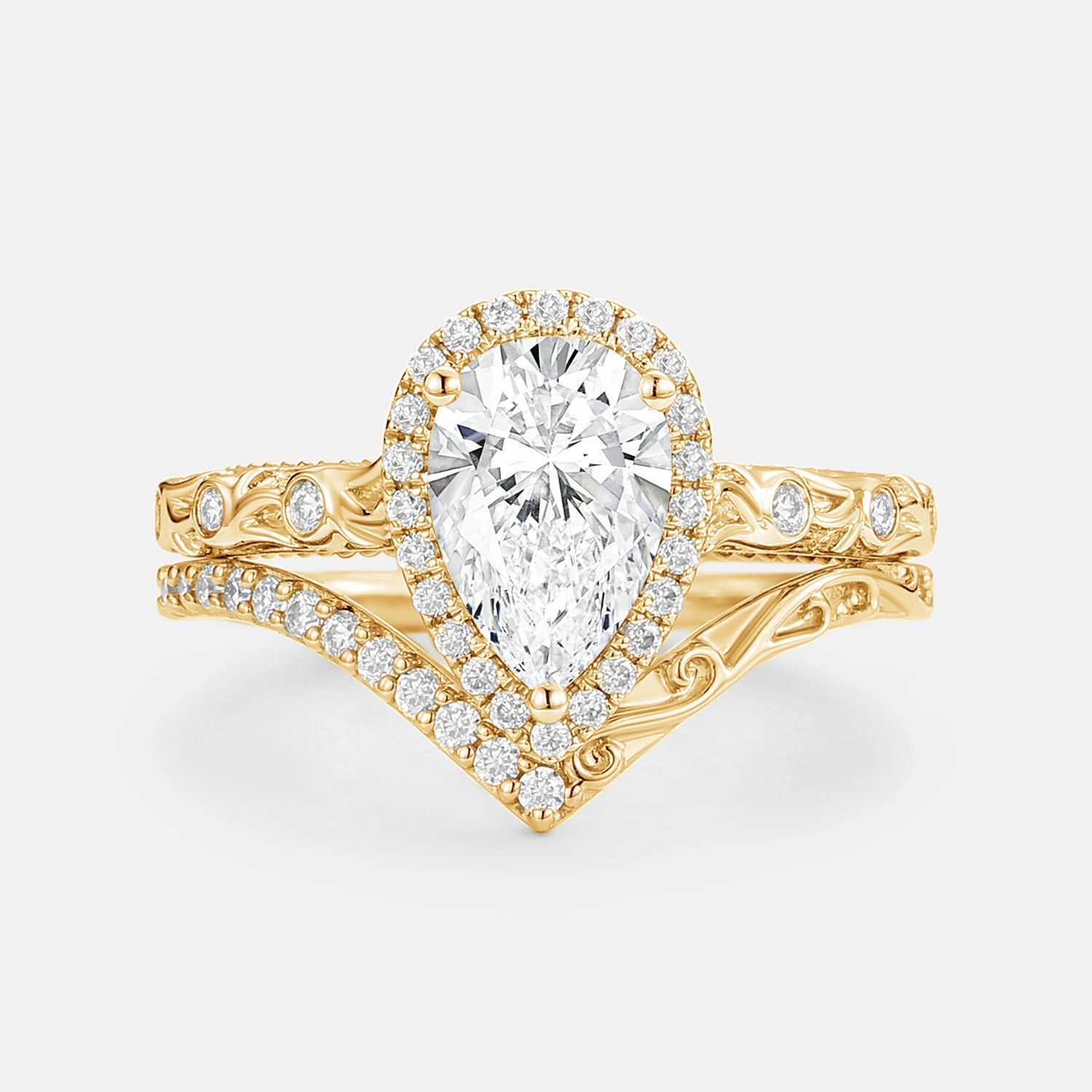 Precious Gemstones Handcrafted Art Pear Cut Lab Grown Diamond Engraved Halo Engagement Ring - Marnie