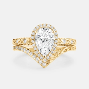 Precious Gemstones Handcrafted Art Pear Cut Lab Grown Diamond Engraved Halo Engagement Ring - Marnie