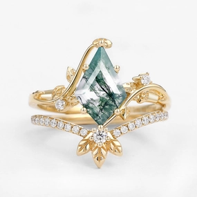 Unique Moss Agate Three Leaves Engagement Ring Set 2pcs - Ella Exquisite Piece