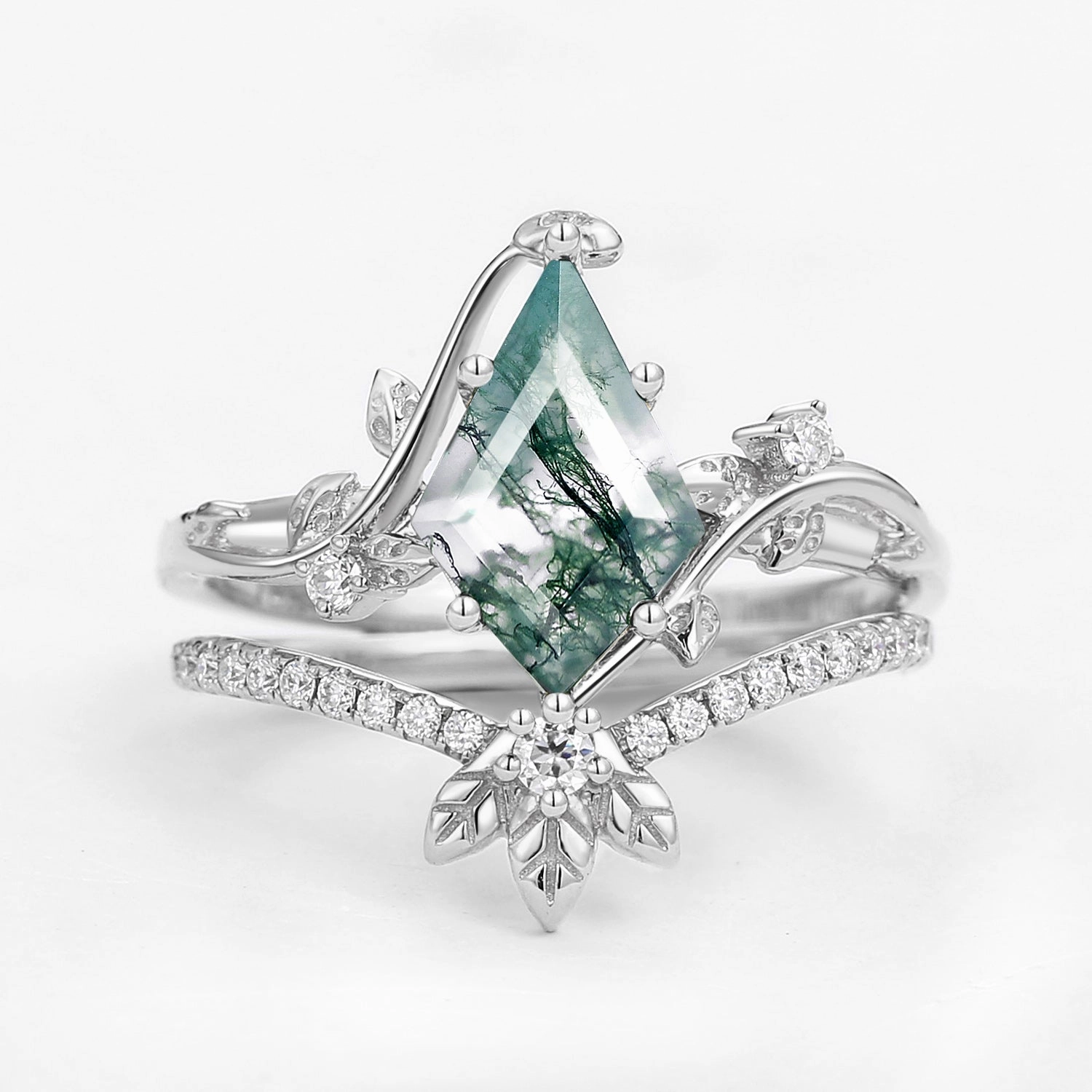Unique Moss Agate Three Leaves Engagement Ring Set 2pcs - Ella Fashion pieces Modern Craft