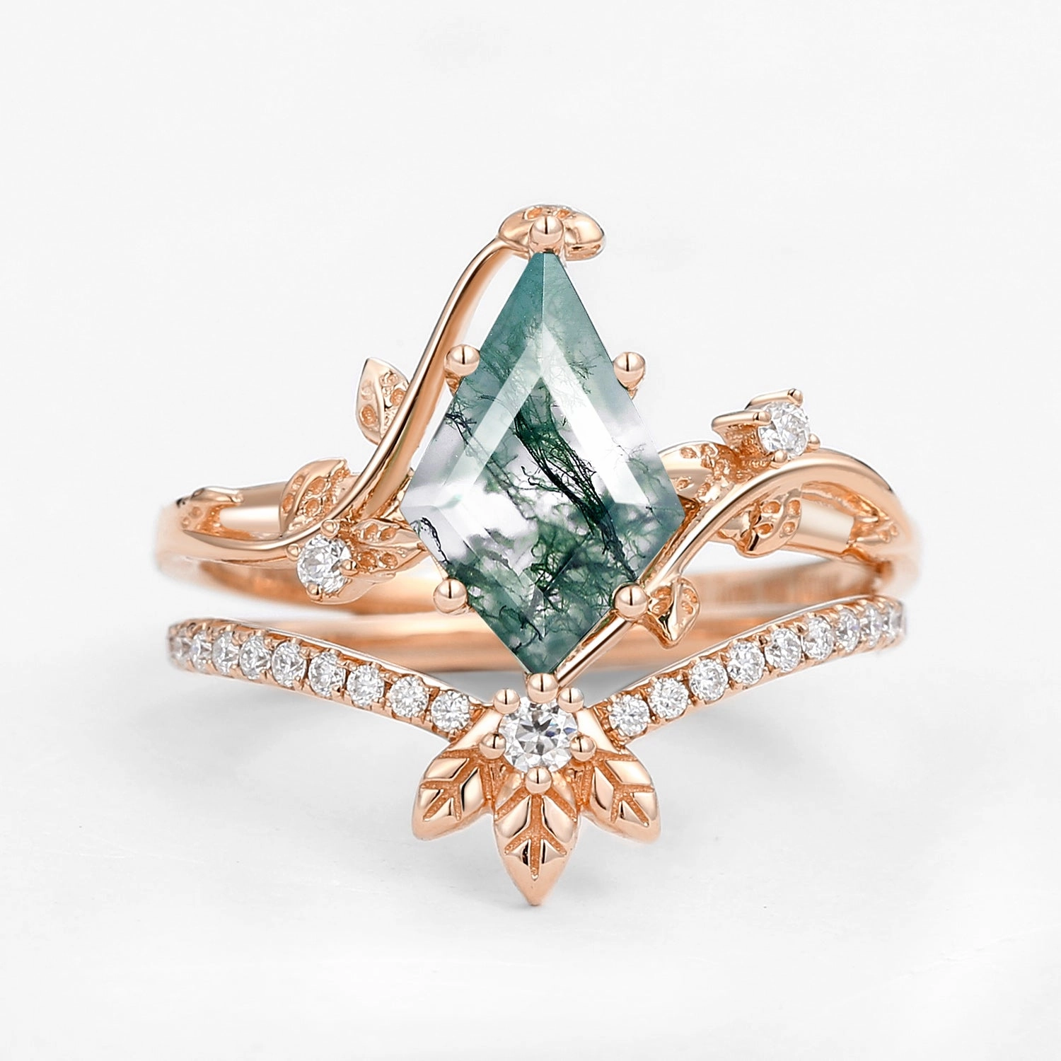 Unique Moss Agate Three Leaves Engagement Ring Set 2pcs - Ella Urban Pop Handcrafted Pieces