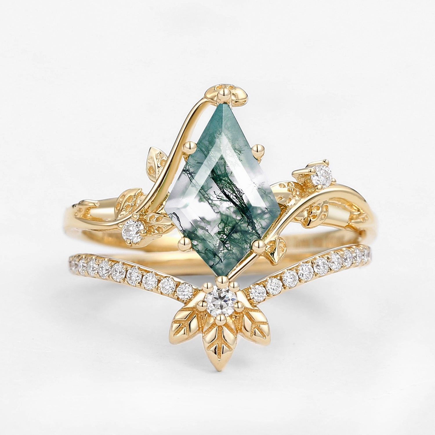 Unique Moss Agate Three Leaves Engagement Ring Set 2pcs - Ella Exquisite Piece