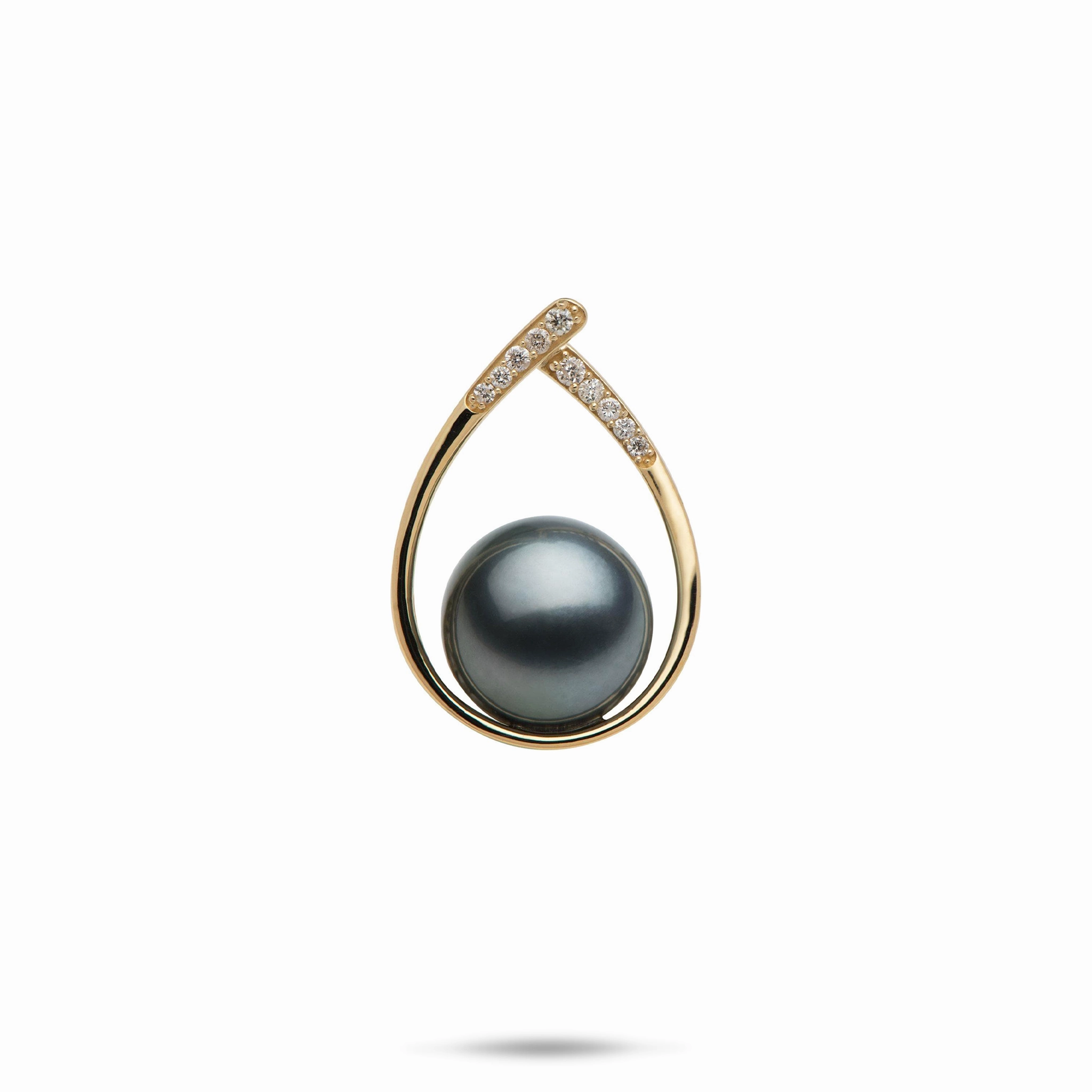 Teardrop Tahitian Black Pearl Pendant in Gold with Diamonds - 10-11mm Date Style Anniversary Present