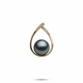 Brilliant Touch Teardrop Tahitian Black Pearl Pendant in Gold with Diamonds - 10-11mm