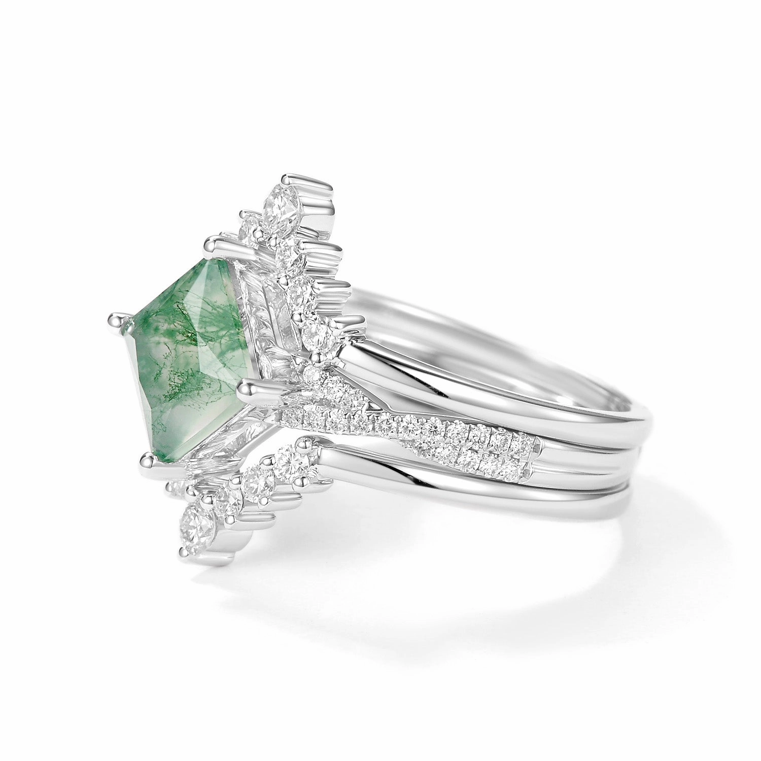 Quiet Look 2.0ct Moss Agate Princess Cut Stacking Engagement Ring Set 3pcs