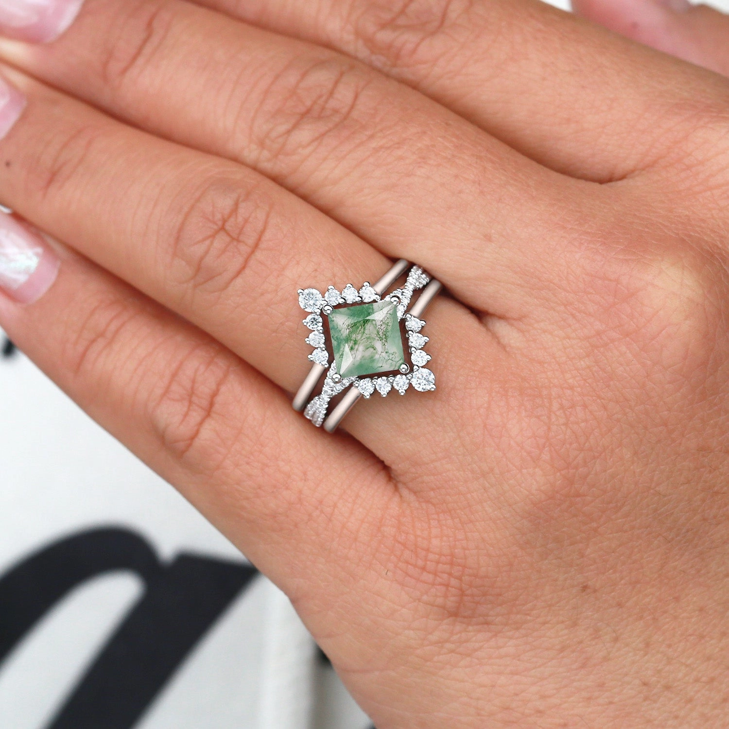 2.0ct Moss Agate Princess Cut Stacking Engagement Ring Set 3pcs Bright Sparkle Unique Piece