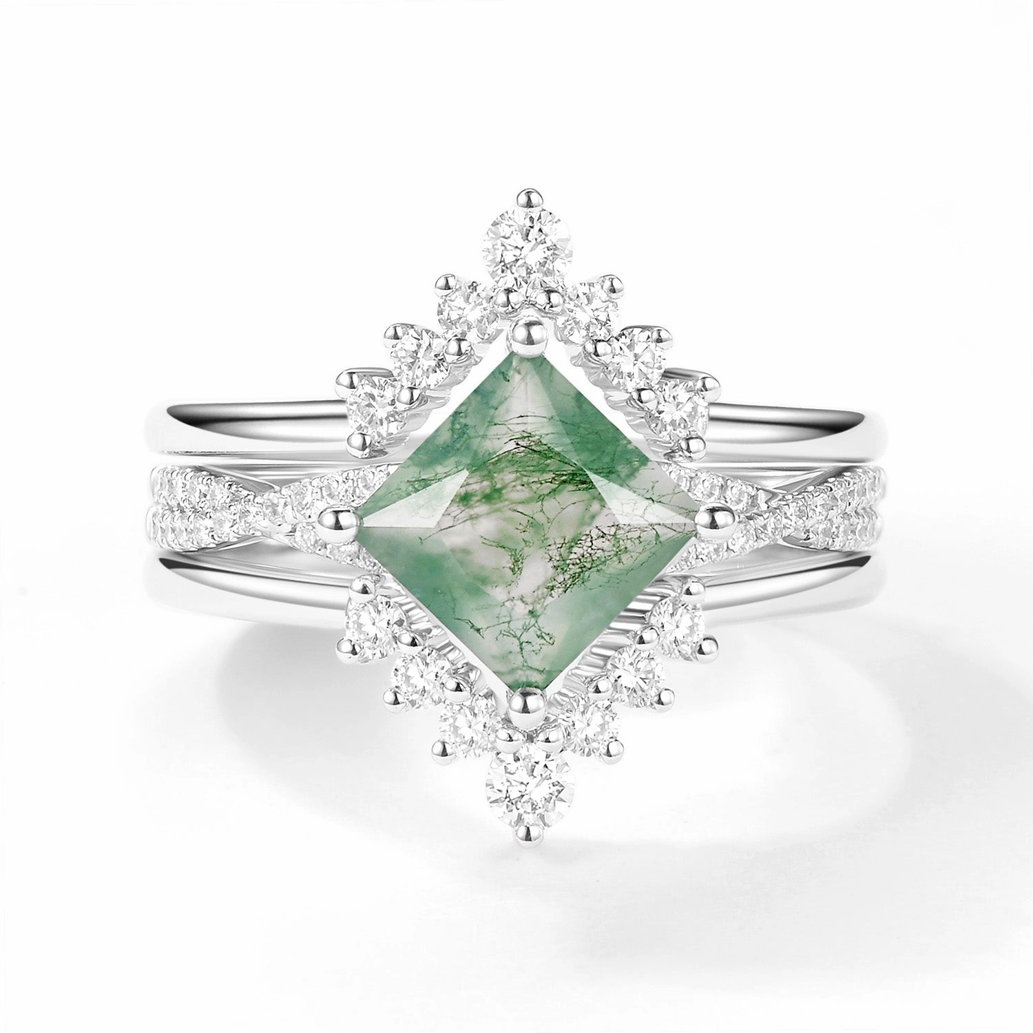 Pretty Touch 2.0ct Moss Agate Princess Cut Stacking Engagement Ring Set 3pcs