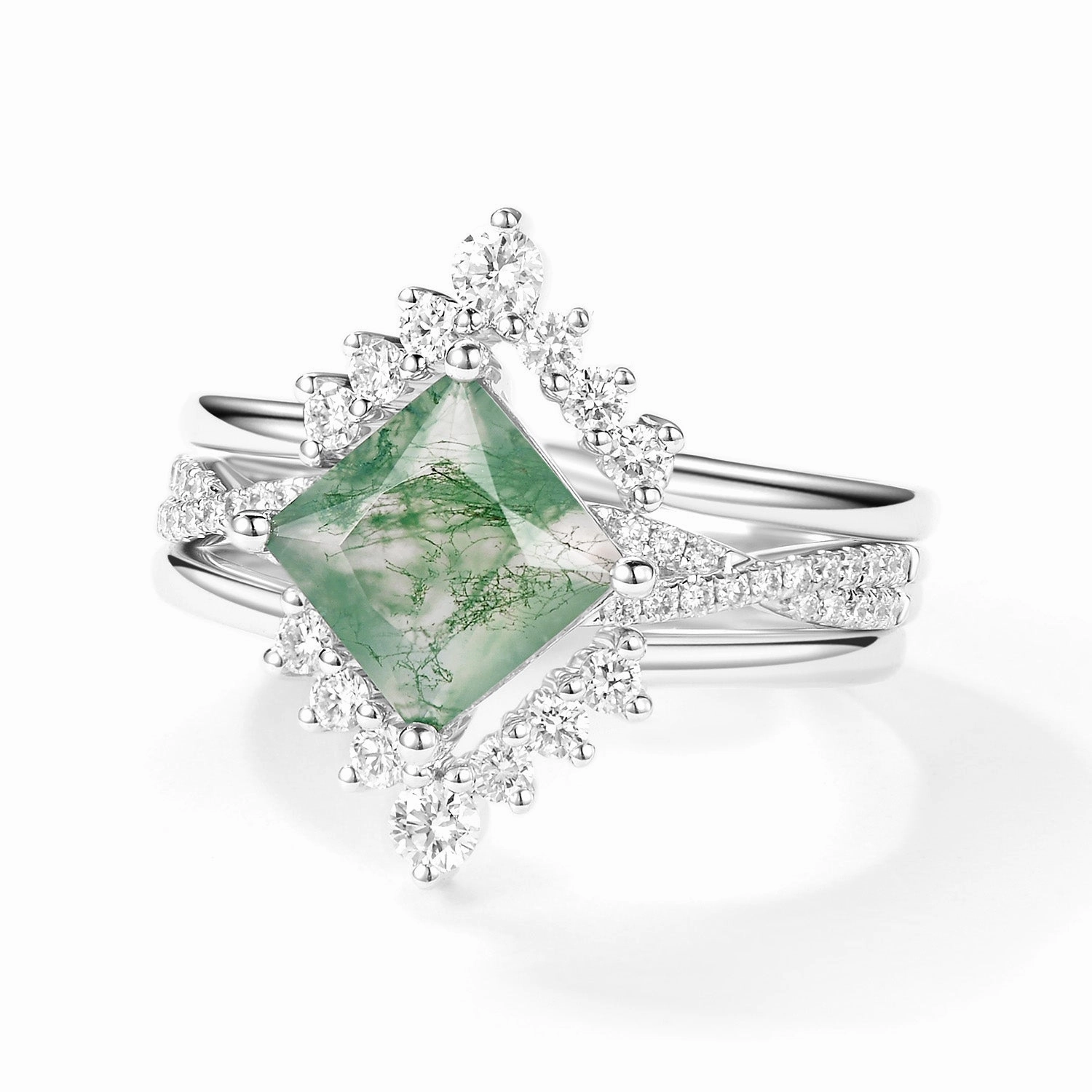 Elegant Flow 2.0ct Moss Agate Princess Cut Stacking Engagement Ring Set 3pcs
