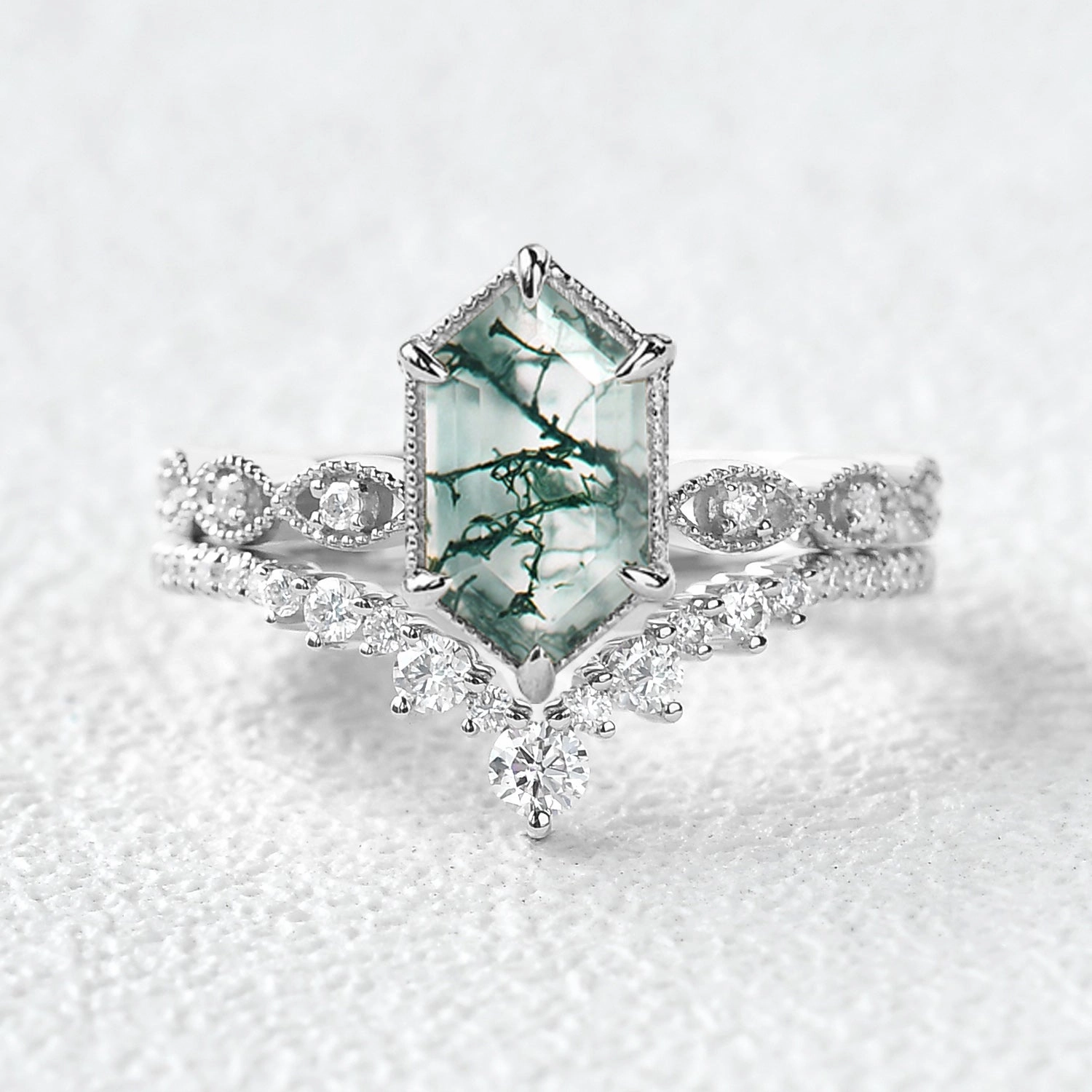 Victorian Vintage Long Hexagon Moss Agate Ring Set 2pcs Evening Gift