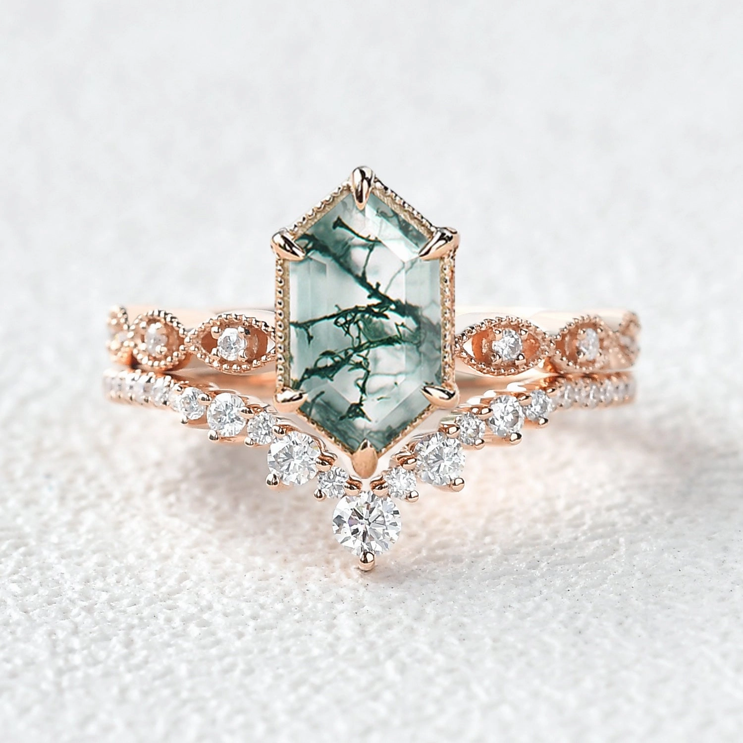 Victorian Vintage Long Hexagon Moss Agate Ring Set 2pcs Event Outfit Soft Statement