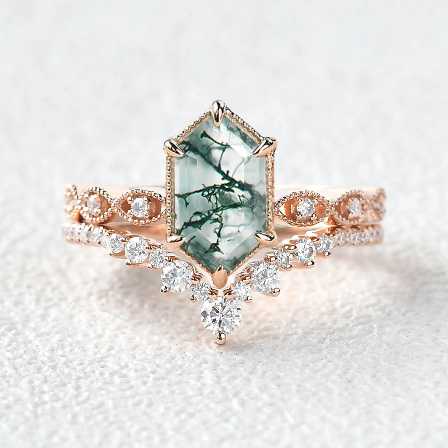 Victorian Vintage Long Hexagon Moss Agate Ring Set 2pcs Highlight Accent