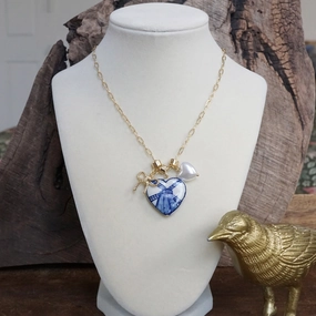 Multi-Charm Chinoiserie Heart & Bow Necklace ?C Blue & Gold Adorned Piece