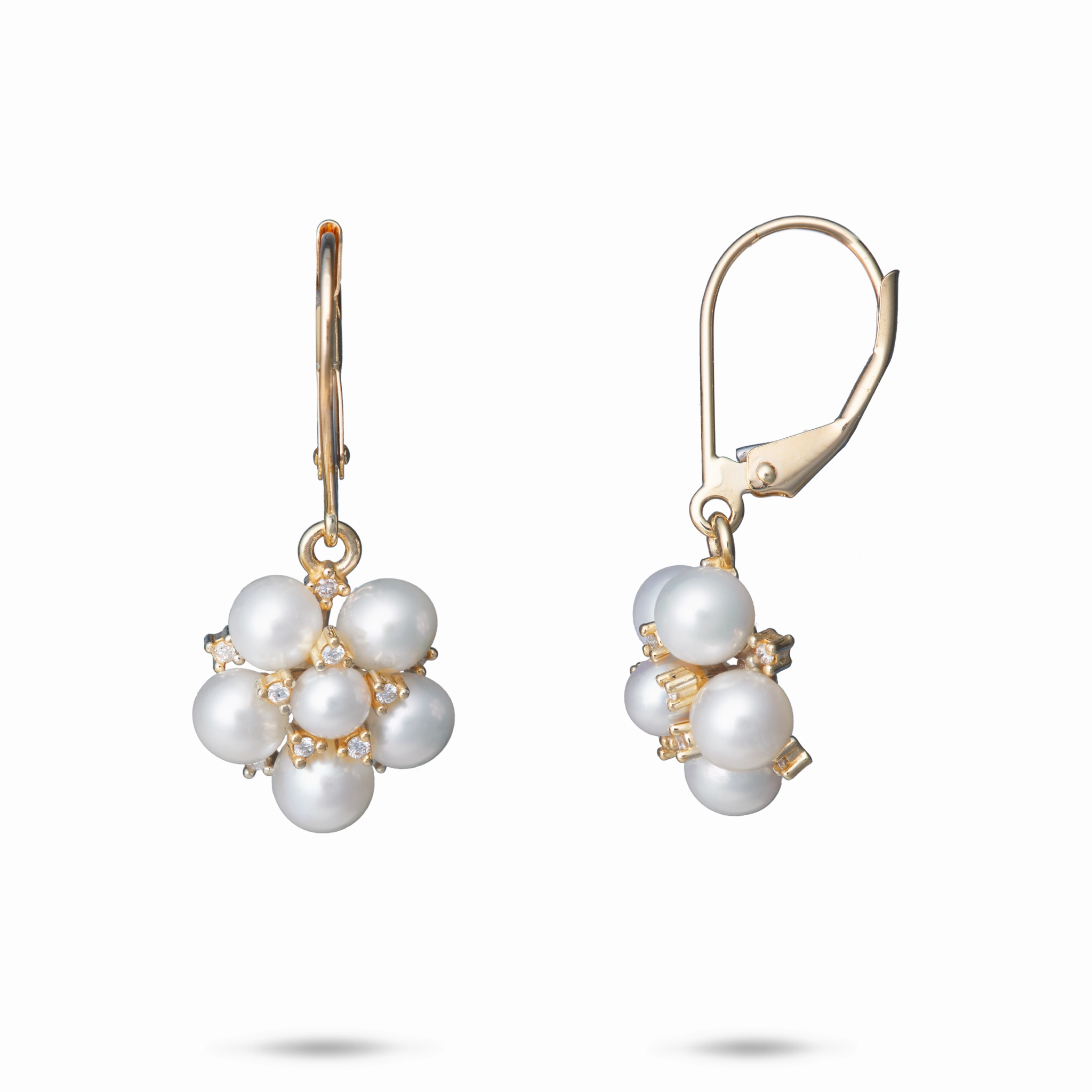 Tiny Bubbles Freshwater White Pearl Earrings in Gold with Diamonds Crafted Accent