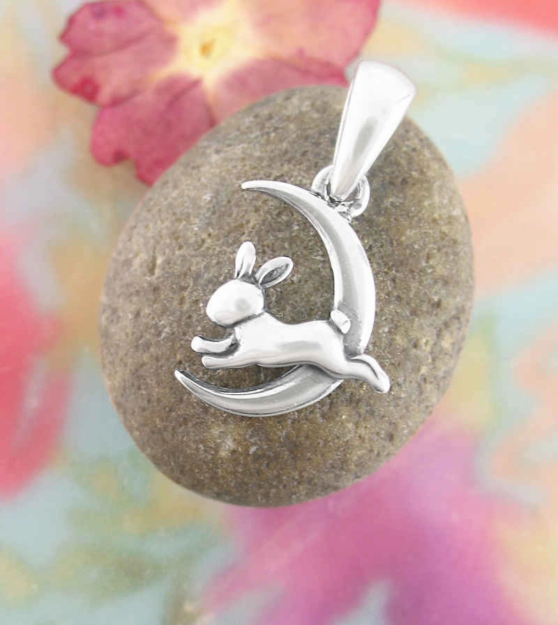 Patterned Item Tiny Hare Leaping Through Crescent Moon Pendant