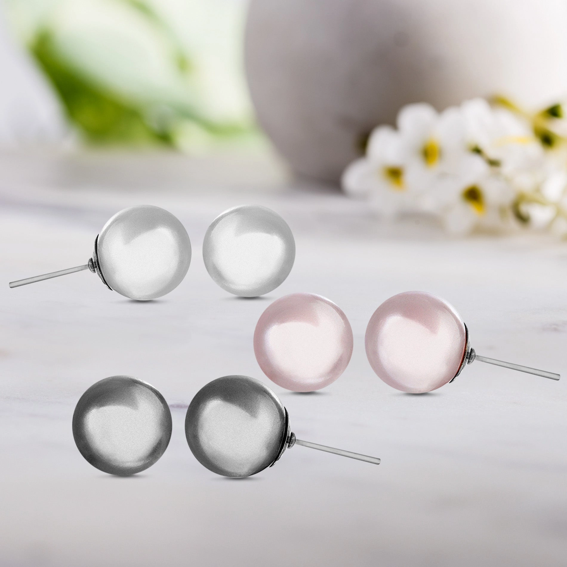 Lesa Michele 3 Pair Pearl Earring Set in Stainless Steel made with Pearls Striking Adornment Artistic Ornament