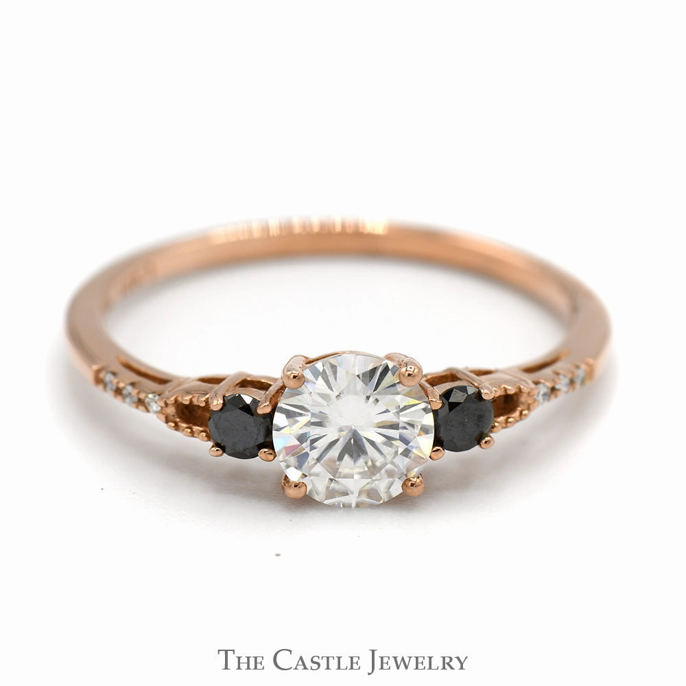 Moissanite Solitaire Ring with Black and White Diamond Accents in 10k Rose Gold Classic Insignia