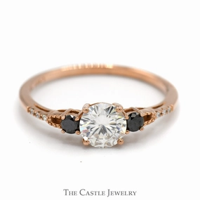 Moissanite Solitaire Ring with Black and White Diamond Accents in 10k Rose Gold Classic Insignia