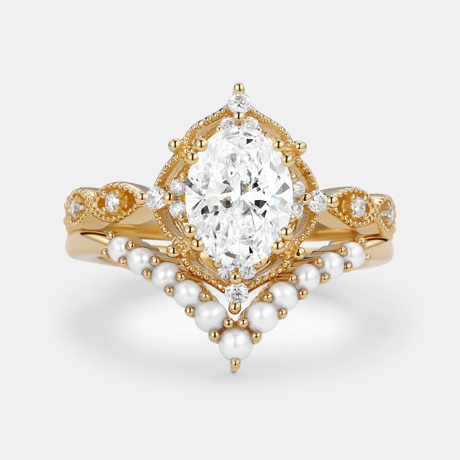 Crisp Lines Oval Lab Grown Diamond Signature Vintage Ring Set 2pcs - Slate