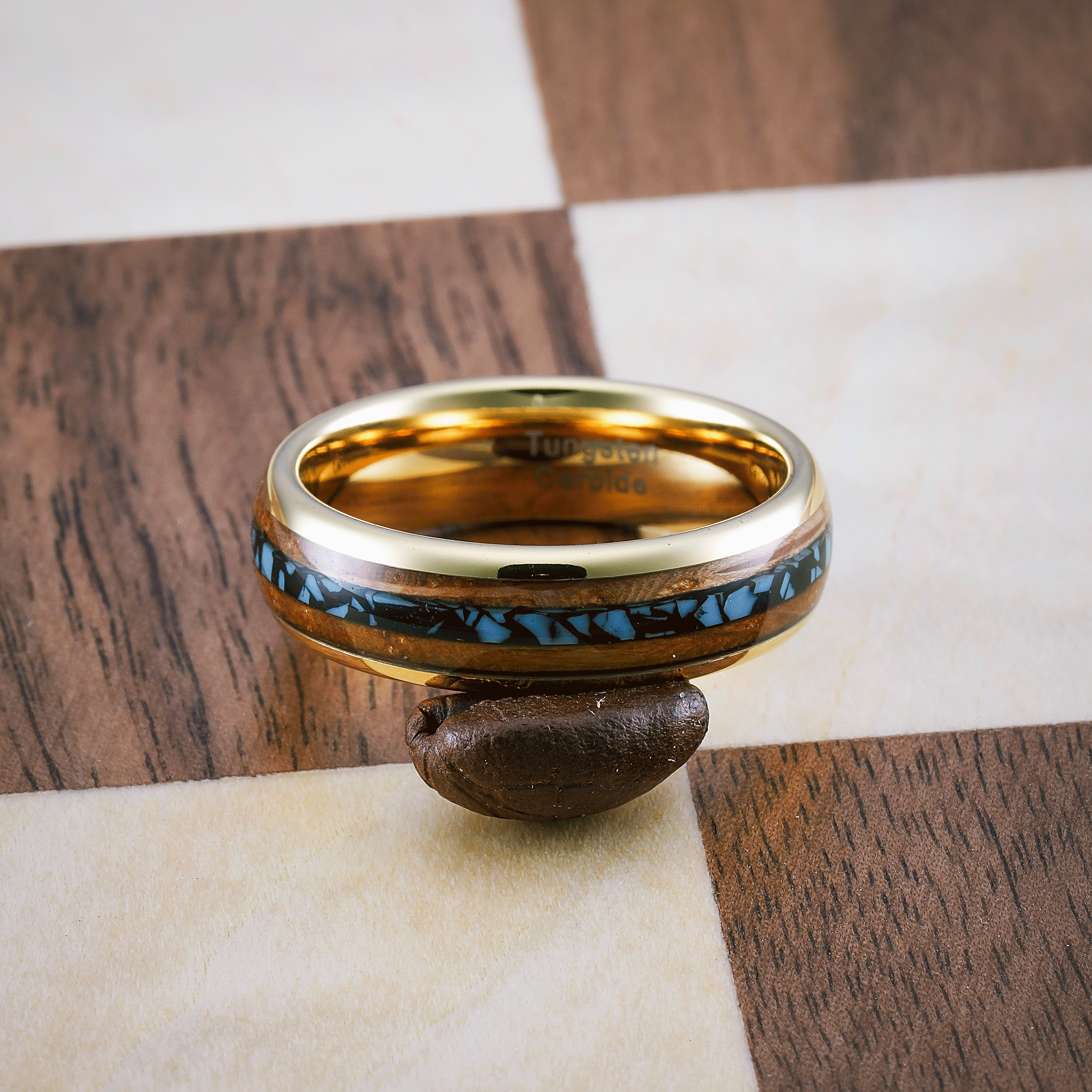 Modern Edge Timeless Expression 100S JEWELRY 6mm Gold Tungsten Wedding Ring for Men & Women Turquoise & Whiskey Barrel Inlay Design Durable Engagement and Promise Band Available in Sizes 6-13