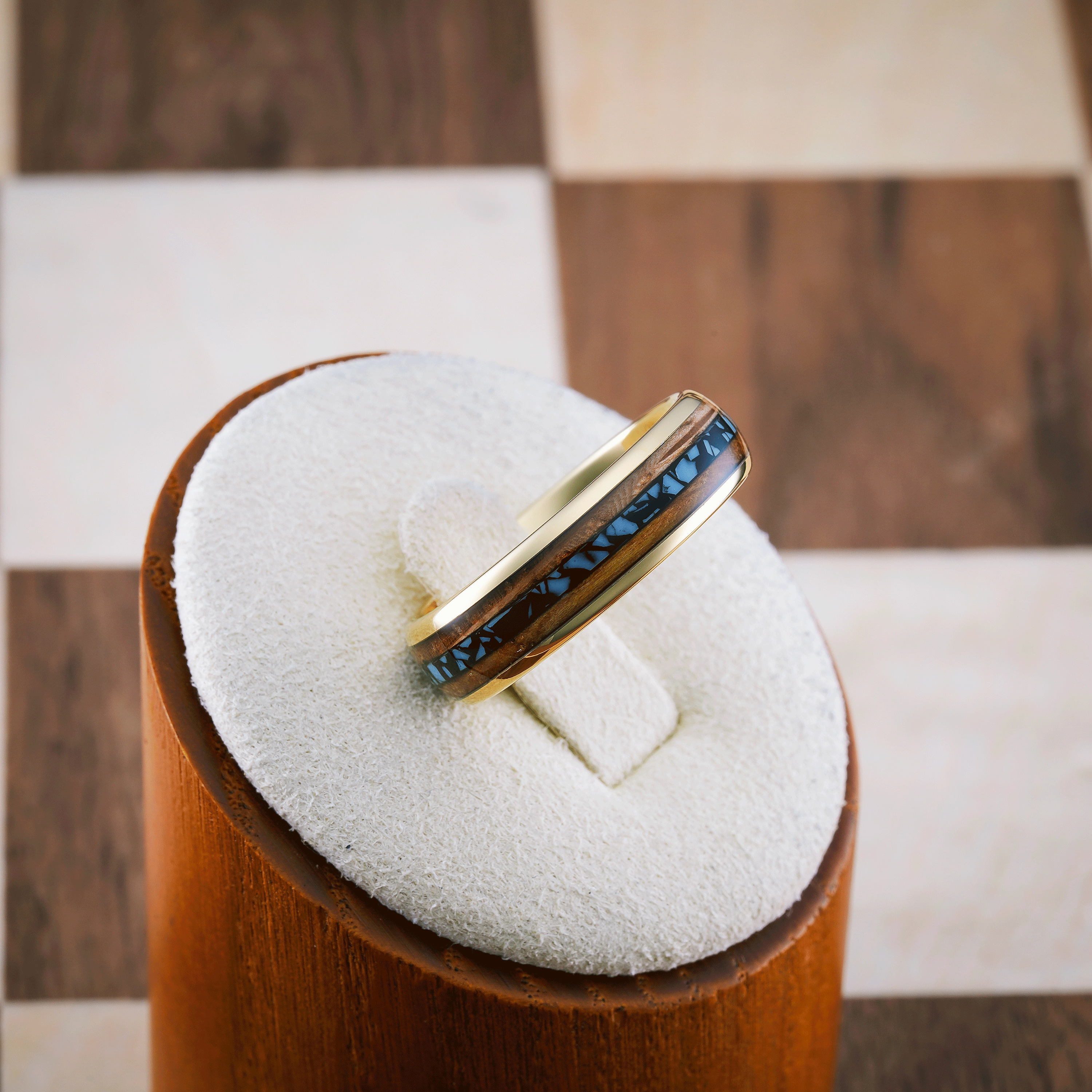 Luxurious Look Geometric Art 100S JEWELRY 6mm Gold Tungsten Wedding Ring for Men & Women Turquoise & Whiskey Barrel Inlay Design Durable Engagement and Promise Band Available in Sizes 6-13