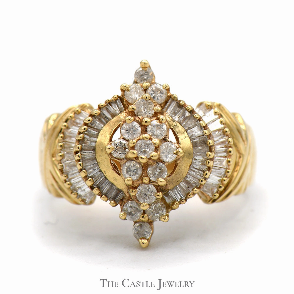 Marquise Shaped Round and Baguette Diamond Cluster Ring in 10k Yellow Gold Formal Event Contemporary Art