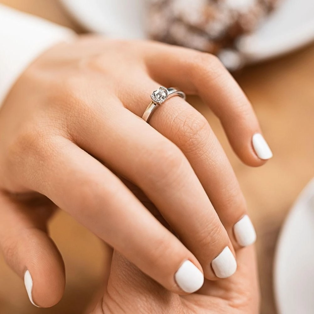 Lainey Round Lab Grown Diamond Three Quarter Bezel Solitaire Engagement Ring Exquisite Adornment Romantic Art