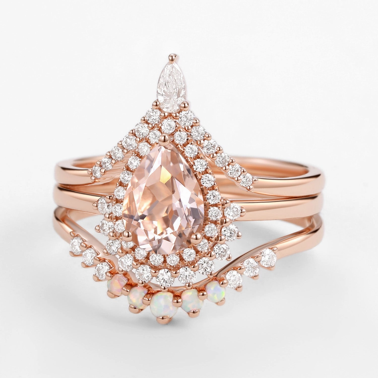 1.5ct Peachy Morganite & Natural Opal Halo Ring Set 3pcs Lustrous Form Graceful Craft