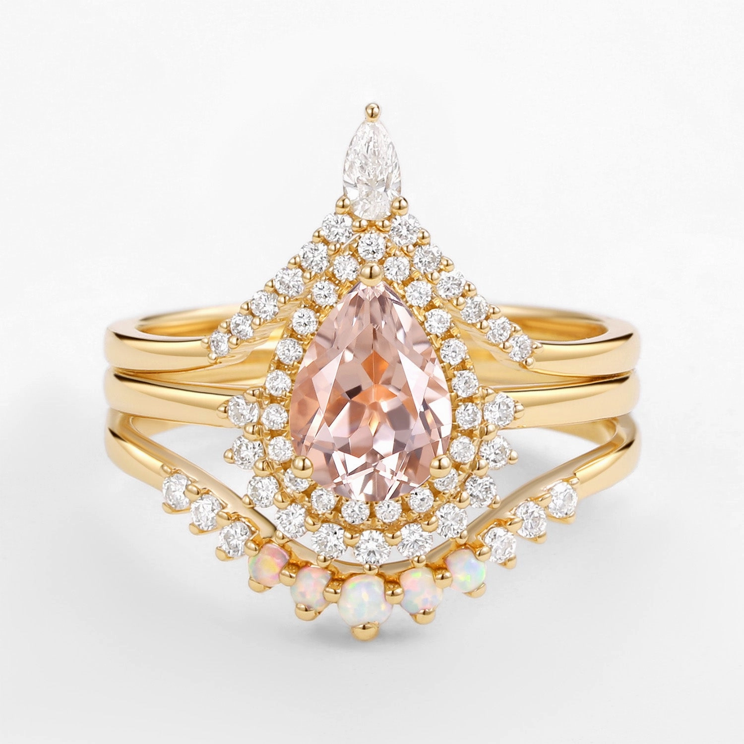 1.5ct Peachy Morganite & Natural Opal Halo Ring Set 3pcs summer look