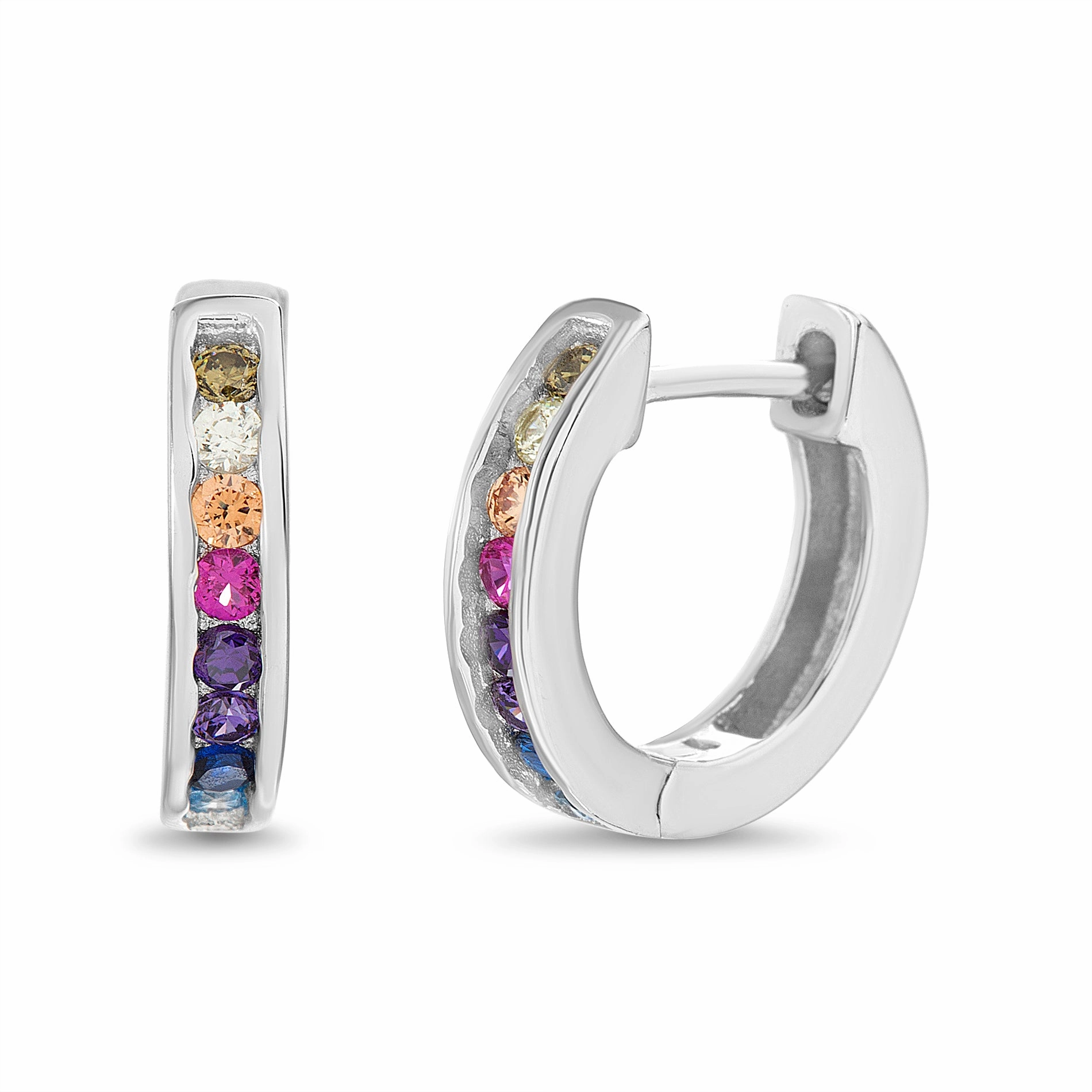 Lesa Michele Rainbow CZ Channel Set Huggie Hoop Earring in Rhodium Plated Sterling Silver Curved Accessory Ornate Feature